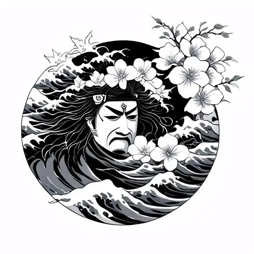 Japanese Wave With Blossoms And Samurai Mask