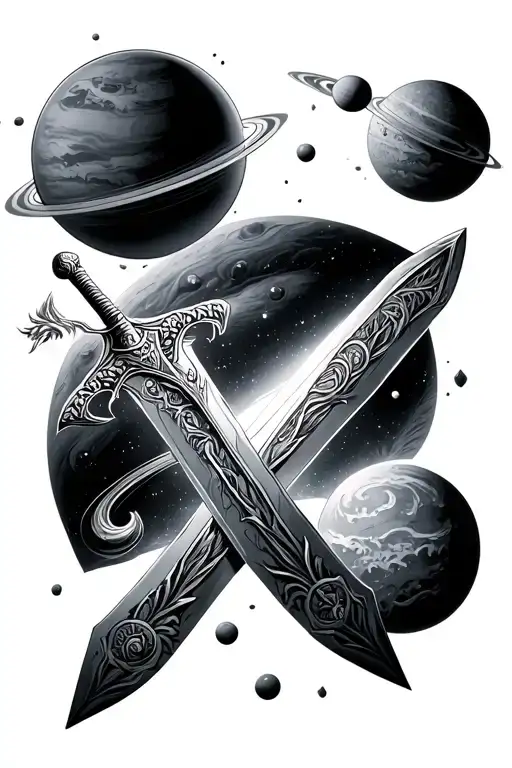 Viking Sword And Planets Orbiting