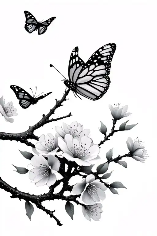 Japanese Cherry Blossoms With Monarch Butterflies Flying