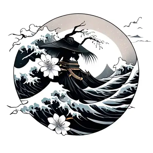 Japanese Waves With Blossoms And Samurai