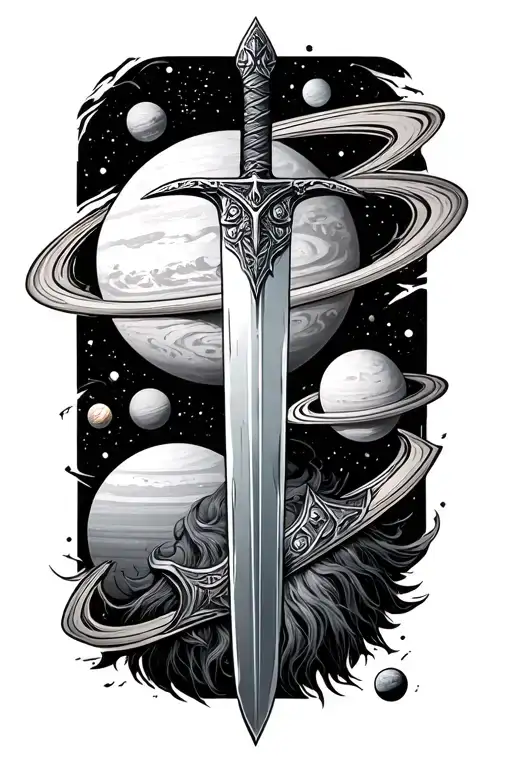 Viking Sword And Planets His Body Merges