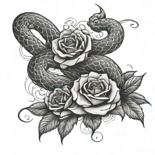 Tattoo Sketch Snake With Roses Black And White For A Girl On The Stomach And Sides