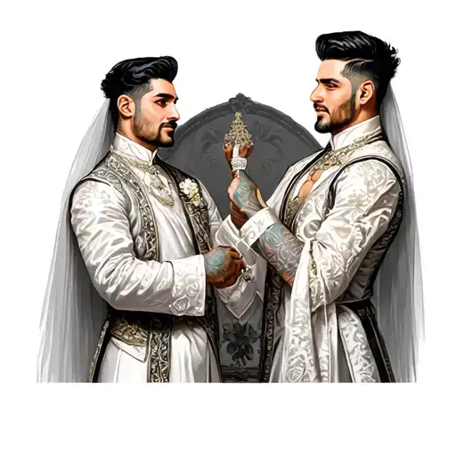 Two Men In Wedding Costume Holding