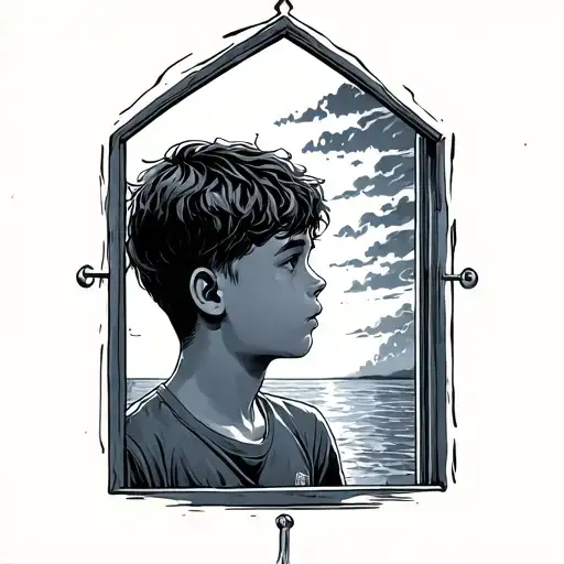 A Boy Looking Out The Window Being Bathed By A Sunset