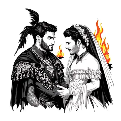 Two Men In Marriage Costume In Front Of A Fire