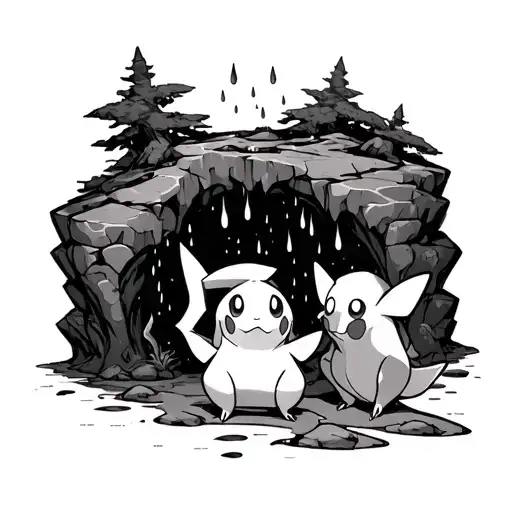 Pokemon On A Cave With Rain