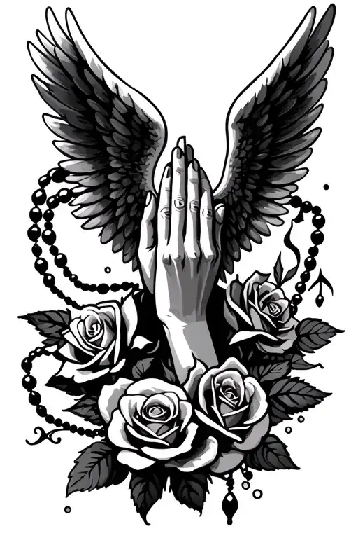 Prayer Hand And Angel Wings With Roses And Prayer Beads