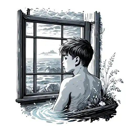 A Boy Looking Out The Window Being Bathed By A Sunset