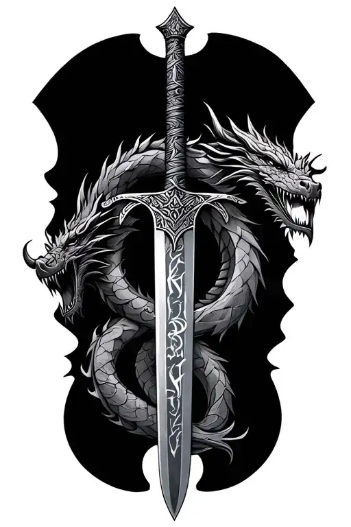Viking Sword And Vulcan Script Intertwined With Dragon