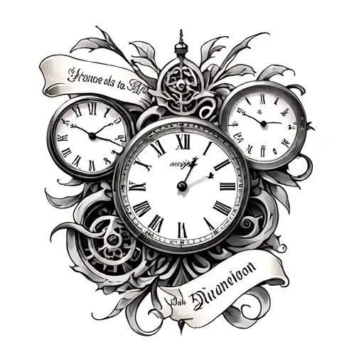 Chest Tattoo Featuring Time Pieces And 2 Names Incorporated