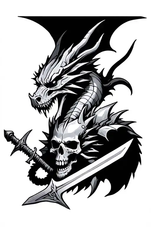 Dragon With Skulls And A Knight With A Sword