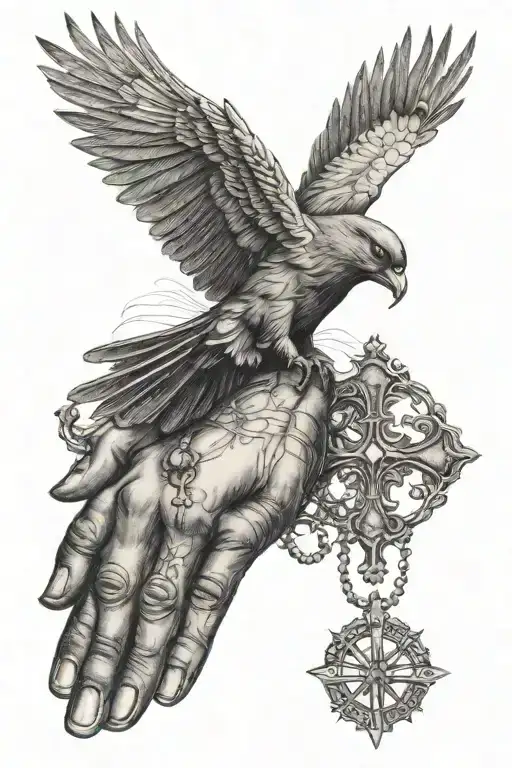 A Manly Tattoo With A Rosary On The Hand Following By The Holy Spirit Bird On The Forearm