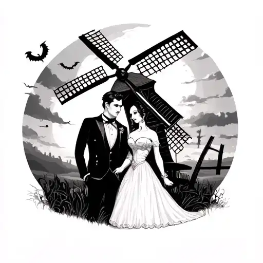 Goth Bride And Groom Under A Haunted Windmill