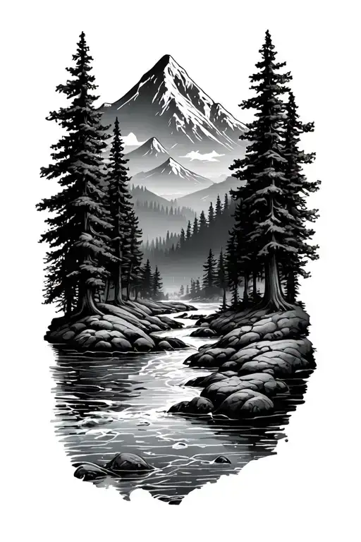 Forest With River Flowing And Mountain In Background