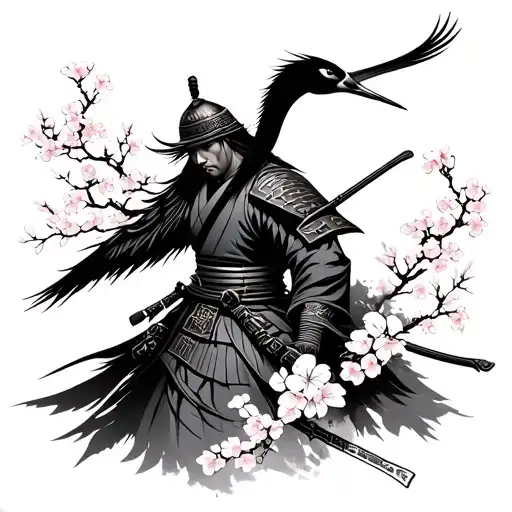 Japanese Samurai Warrior With Cherry Blossoms And A Crane