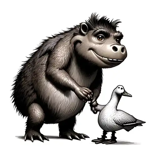 Gruffalo And The Gruffalo's Child Walking Hand In Hand With A Toy Goose In The Child's Hand