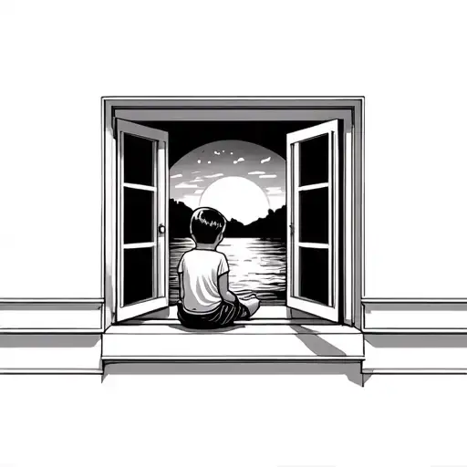 A Child Sitting And Looking Out A Modern Window Looking At A Sunset