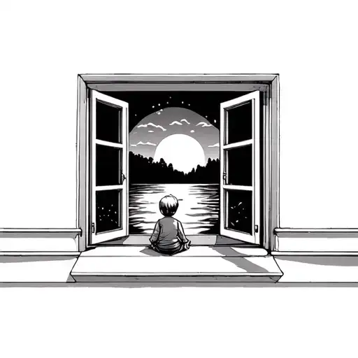 A Child Sitting And Looking Out A Modern Window Looking At A Sunset