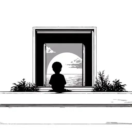 A Child Sitting And Looking Out A Modern Window Looking At A Sunset