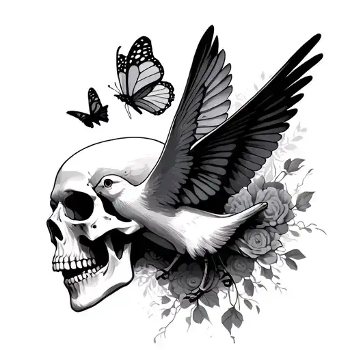 Skull And Dove With Small Butterfly Emerging