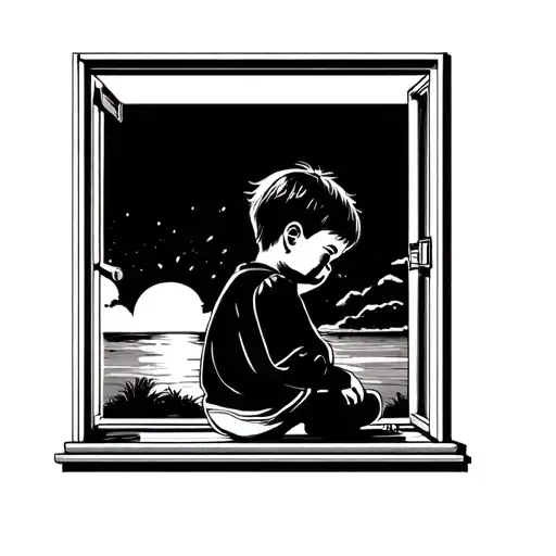 A Sobbing Child Sitting And Looking Out A Modern Window Looking At A Sunset