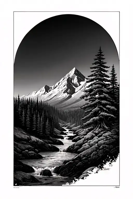 Evergreen Tree Winding Stream Splits The Mountain