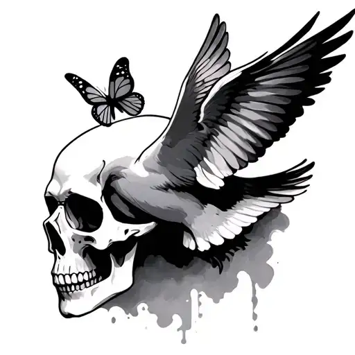 Skull And Dove With Small Butterfly Emerging