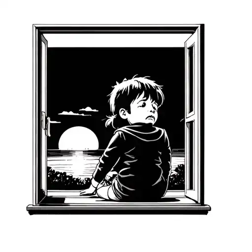 A Sobbing Child Sitting And Looking Out A Modern Window Looking At A Sunset