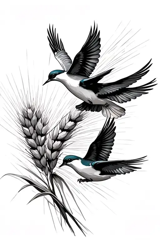 3 Swallows Flying Around A Wheat Stalk Intertwined