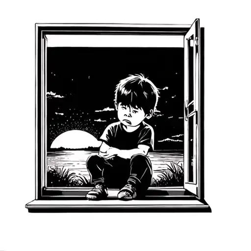 A Sobbing Child Sitting And Looking Out A Modern Window Looking At A Sunset