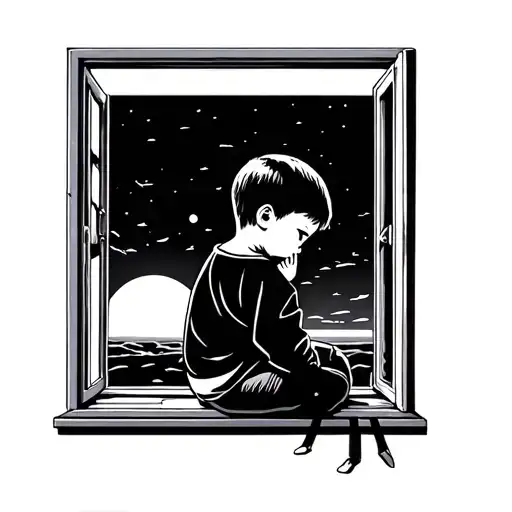 A Sobbing Child Sitting And Looking Out A Modern Window Looking Out At A Sunset