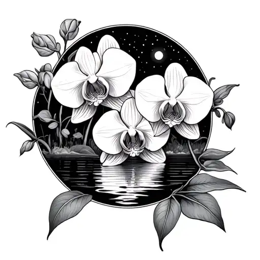 Orchids And Moonlight Lake Scene With Stars