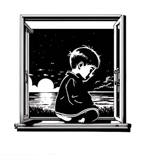 A Sobbing Child Sitting And Looking Out A Modern Window Looking Out At A Sunset