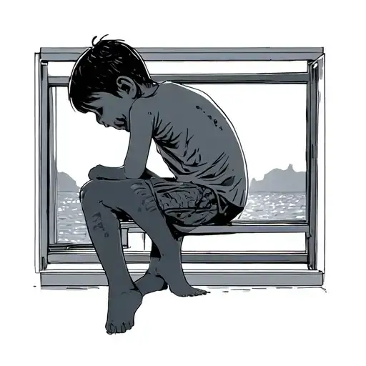 A Sobbing Child Sitting And Looking Out A Modern Window Looking Out At A Sunset