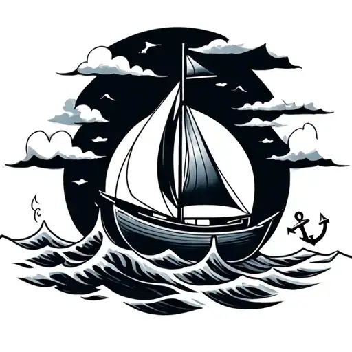 Small Simple Sailboat With An Anchor And A Wave Made