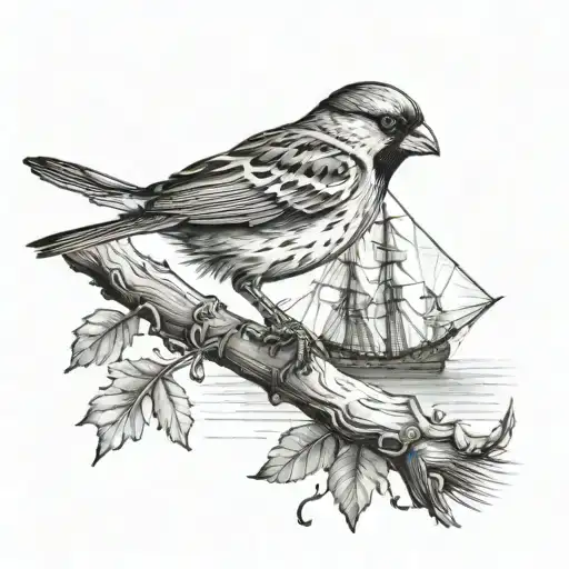 Sparrow Perched On A Branch Overlooking The Ocean With A Pirate Ship In The Distance