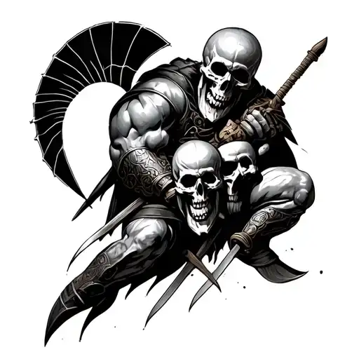 Skulls With A Spartan Warrior Battling