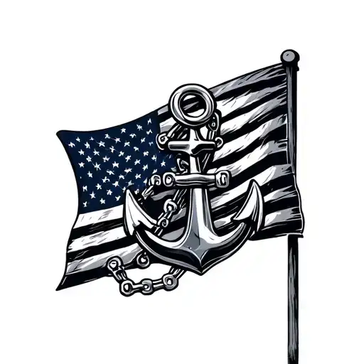 Bicycle Chain And Navy Anchor In Front Of American Flag