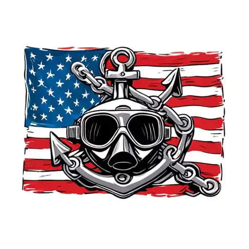 Bicycle Chain And Navy Anchor And Dive Mask In Front Of American Flag