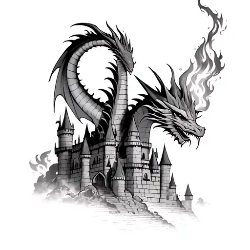 Dragon Breathing Fire On Top Of The Castle