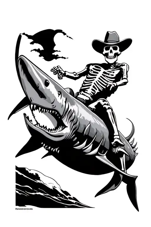 Skeleton Cowboy Riding A Shark