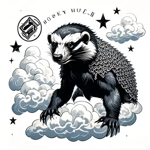 Honey Badger And Chainmail Surrounded By Clouds And Stars