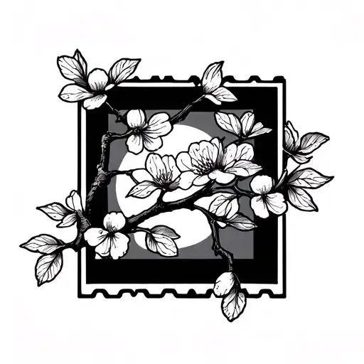 A Rectangular Postage Stamp Outline With A Cherry Blossom Branch Through It