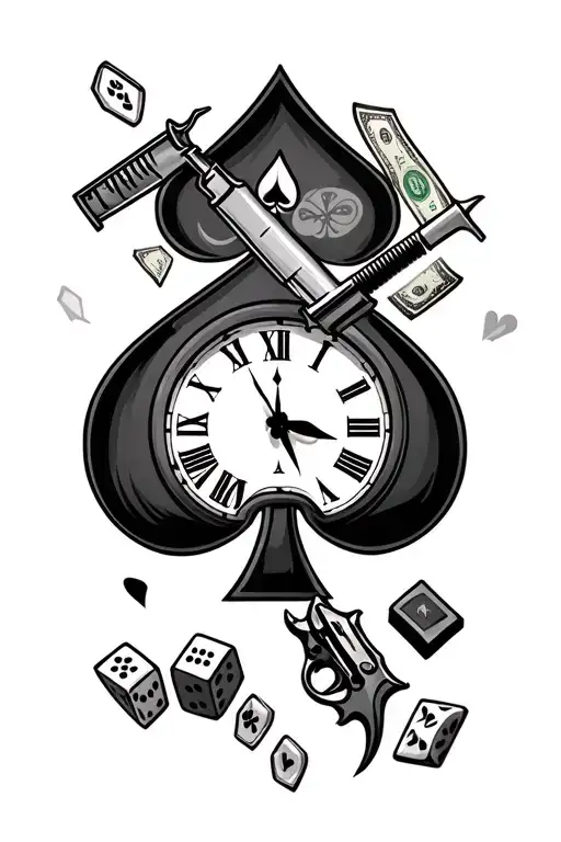 Broken Clock Spade Cards Dice Drug Syringe Money Gun
