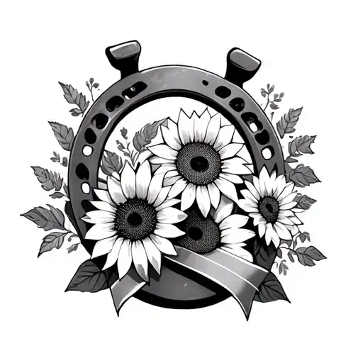 Horseshoe With Sunflowers And A Blur Ribbon Intertwined