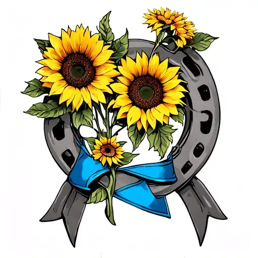 Fine Line Horseshoe With Sunflowers And A Blue Ribbon Intertwined