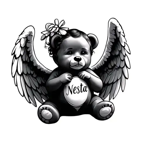 Baby Angel Wings Holding A Teddy Bear With The Name Nesta
