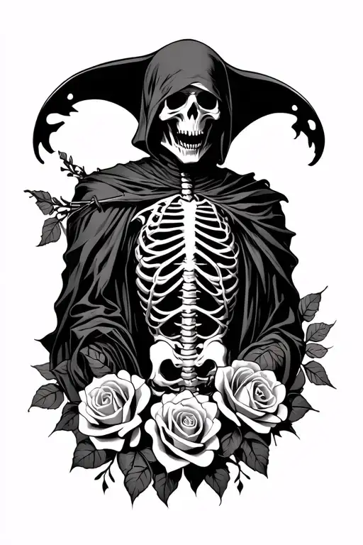 Grim Reaper With Exposed Rib Cage And Roses At The Bottom