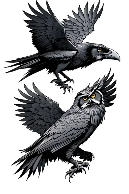 A Raven And An Owl With Their Wings Spread Wide Look At Each Other Ready For Battle