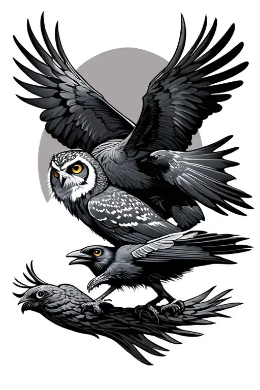 A Raven And An Owl Fly Towards Each Other